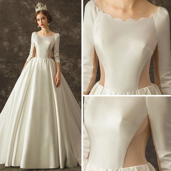 Vintage Ivory / Creme Durchsichtige Brautkleider / Hochzeitskleider 2019 A Linie Rundhalsausschnitt 3/4 Ärmel Rückenfreies Kathedrale Schleppe Rüschen