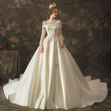 Vintage Marfil Transparentes Vestidos De Novia 2019 A Line Princess Scoop Escote Manga Larga Rebordear Chapel Train Ruffle