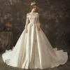 Vintage / Retro Ivory See-through Wedding Dresses 2019 A-Line / Princess Scoop Neck Long Sleeve Beading Chapel Train Ruffle