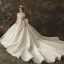 Vintage / Retro Ivory See-through Wedding Dresses 2019 A-Line / Princess Scoop Neck Long Sleeve Beading Chapel Train Ruffle