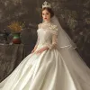 Vintage / Retro Ivory See-through Wedding Dresses 2019 A-Line / Princess Scoop Neck Long Sleeve Beading Chapel Train Ruffle