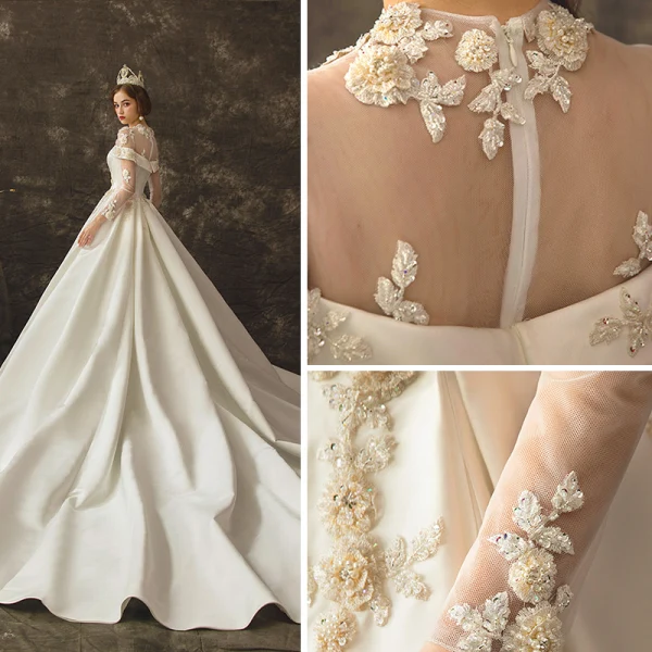 Vintage / Retro Ivory See-through Wedding Dresses 2019 A-Line / Princess Scoop Neck Long Sleeve Beading Chapel Train Ruffle