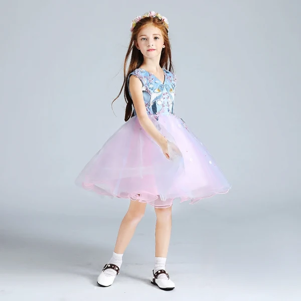 Chic / Beautiful Candy Pink Sky Blue Flower Girl Dresses 2017 Ball Gown V-Neck Sleeveless Appliques Flower Pearl Embroidered Short Ruffle Wedding Party Dresses