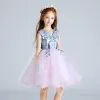 Chic / Beautiful Candy Pink Sky Blue Flower Girl Dresses 2017 Ball Gown V-Neck Sleeveless Appliques Flower Pearl Embroidered Short Ruffle Wedding Party Dresses