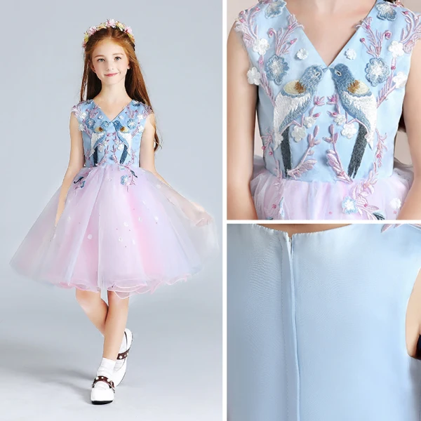 Chic / Beautiful Candy Pink Sky Blue Flower Girl Dresses 2017 Ball Gown V-Neck Sleeveless Appliques Flower Pearl Embroidered Short Ruffle Wedding Party Dresses