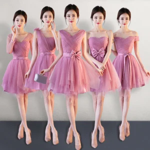 Affordable Candy Pink Bridesmaid Dresses 2018 A Line Princess Bow Sash Short Ruffle Backless Wedding Party Dresses