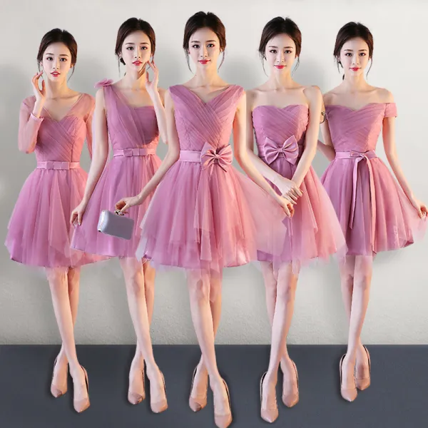 Affordable Candy Pink Bridesmaid Dresses 2018 A-Line / Princess Bow Sash Short Ruffle Backless Wedding Party Dresses