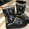 Modern / Fashion Snow Boots 2017 Grey Leather Mid Calf Beading Pearl Embroidered Casual Winter Flat Womens Boots