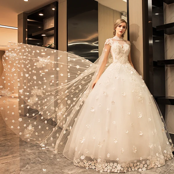 Vintage / Retro Sparkly Wedding Dresses 2017 White Lace Appliques Pearl Sequins High Neck Sleeveless Backless Cathedral Train Ball Gown