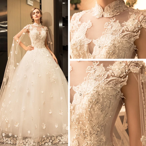Vintage / Retro Sparkly Wedding Dresses 2017 White Lace Appliques Pearl Sequins High Neck Sleeveless Backless Cathedral Train Ball Gown