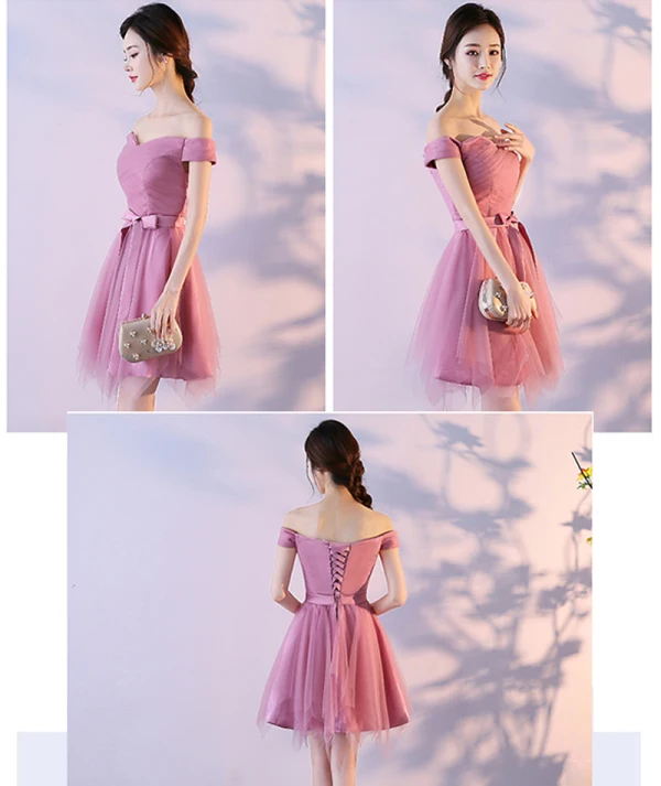 Affordable Candy Pink Bridesmaid Dresses 2018 A-Line / Princess Bow Sash Short Ruffle Backless Wedding Party Dresses