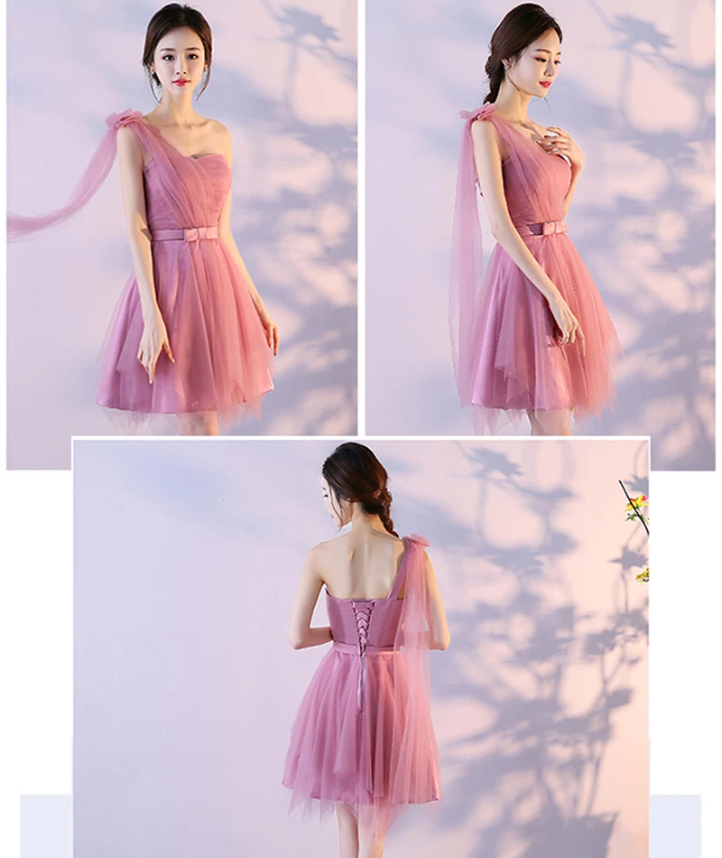 pink bridesmaid dresses short Long Blushing Pink Bridesmaid Dresses Tea-Length Short Sleeves Ruffles main image 1