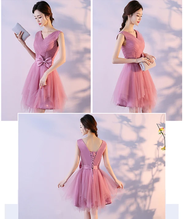Affordable Candy Pink Bridesmaid Dresses 2018 A-Line / Princess Bow Sash Short Ruffle Backless Wedding Party Dresses