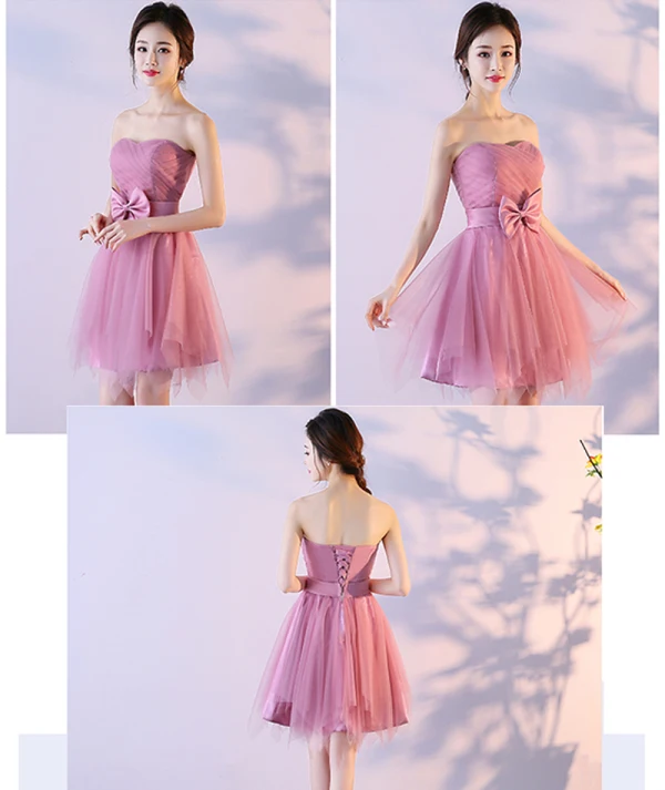 Affordable Candy Pink Bridesmaid Dresses 2018 A-Line / Princess Bow Sash Short Ruffle Backless Wedding Party Dresses