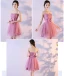 Affordable Candy Pink Bridesmaid Dresses 2018 A-Line / Princess Bow Sash Short Ruffle Backless Wedding Party Dresses