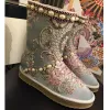 Modern / Fashion Snow Boots 2017 Grey Leather Mid Calf Beading Pearl Embroidered Casual Winter Flat Womens Boots