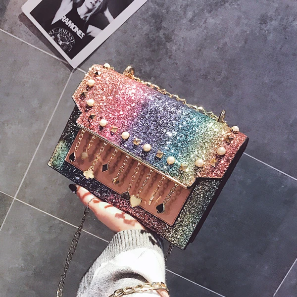 Sparkly Multi-Colors Square Messenger Bag 2021 PU Rhinestone Women's Bags