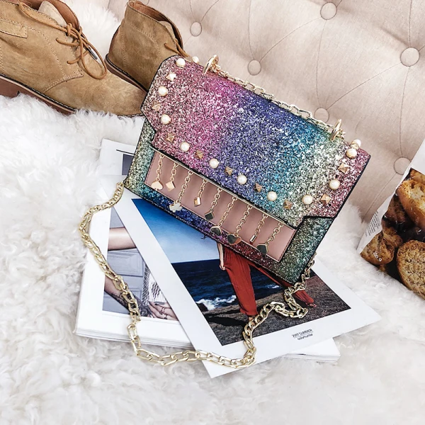 Sparkly Multi-Colors Square Messenger Bag 2021 PU Rhinestone Women's Bags