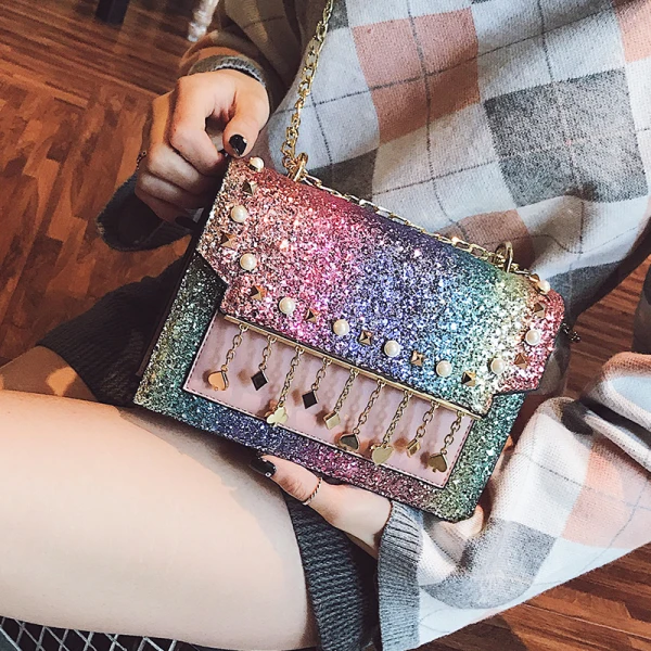 Sparkly Multi-Colors Square Messenger Bag 2021 PU Rhinestone Women's Bags