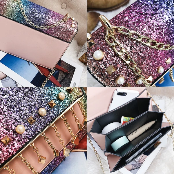 Sparkly Multi-Colors Square Messenger Bag 2021 PU Rhinestone Women's Bags