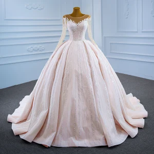 Luxe Champagne Transparentes La Mariée Robe De Mariée 2021 Robe Boule Encolure Dégagée Manches Longues Perlage Paillettes Tribunal Train Volants