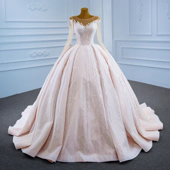 Luxury Gorgeous Champagne See Through Bridal Wedding Dresses 2021 Ball Gown Scoop Neck Long Sleeve Beading Sequins Court Train Ruffle