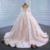 Luxury / Gorgeous Champagne See-through Bridal Wedding Dresses 2021 Ball Gown Scoop Neck Long Sleeve Beading Sequins Court Train Ruffle