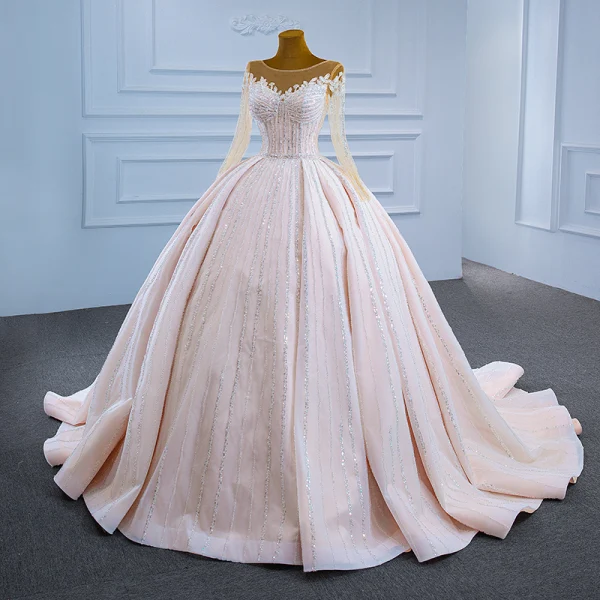 Luxury / Gorgeous Champagne See-through Bridal Wedding Dresses 2021 Ball Gown Scoop Neck Long Sleeve Beading Sequins Court Train Ruffle