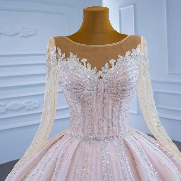 Luxury / Gorgeous Champagne See-through Bridal Wedding Dresses 2021 Ball Gown Scoop Neck Long Sleeve Beading Sequins Court Train Ruffle