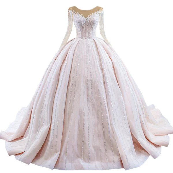 Luxury / Gorgeous Champagne See-through Bridal Wedding Dresses 2021 Ball Gown Scoop Neck Long Sleeve Beading Sequins Court Train Ruffle