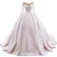 Luxury / Gorgeous Champagne See-through Bridal Wedding Dresses 2021 Ball Gown Scoop Neck Long Sleeve Beading Sequins Court Train Ruffle