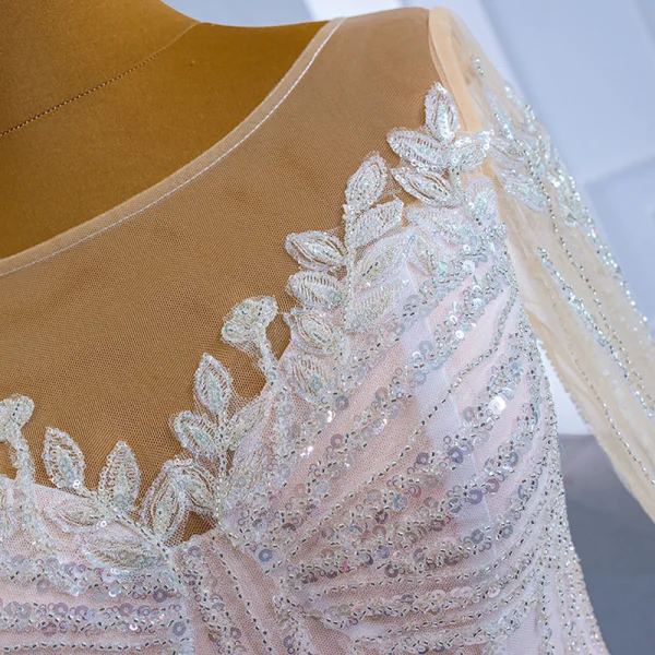 Luxury / Gorgeous Champagne See-through Bridal Wedding Dresses 2021 Ball Gown Scoop Neck Long Sleeve Beading Sequins Court Train Ruffle
