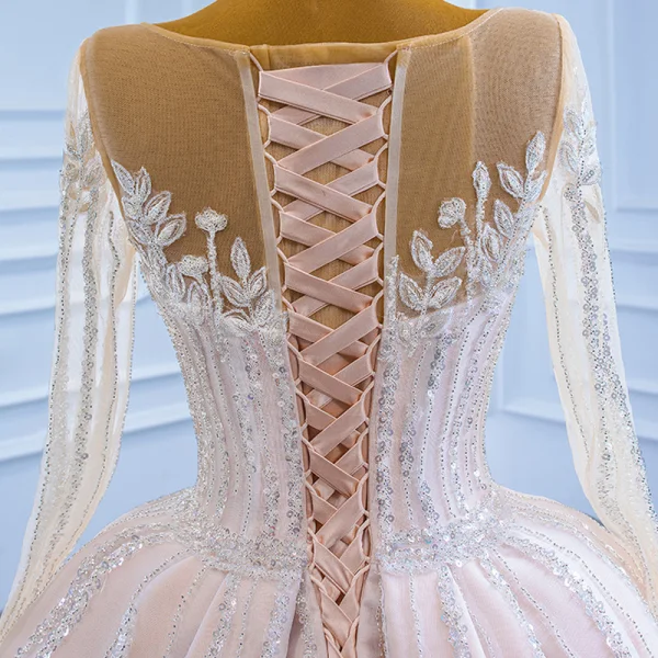 Luxury / Gorgeous Champagne See-through Bridal Wedding Dresses 2021 Ball Gown Scoop Neck Long Sleeve Beading Sequins Court Train Ruffle