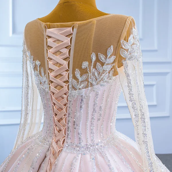 Luxury / Gorgeous Champagne See-through Bridal Wedding Dresses 2021 Ball Gown Scoop Neck Long Sleeve Beading Sequins Court Train Ruffle