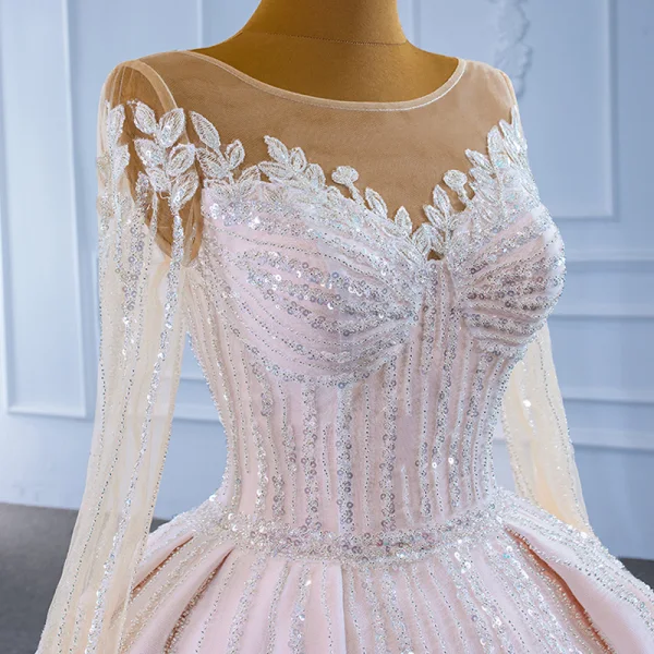 Luxury / Gorgeous Champagne See-through Bridal Wedding Dresses 2021 Ball Gown Scoop Neck Long Sleeve Beading Sequins Court Train Ruffle