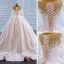 Luxury / Gorgeous Champagne See-through Bridal Wedding Dresses 2021 Ball Gown Scoop Neck Long Sleeve Beading Sequins Court Train Ruffle