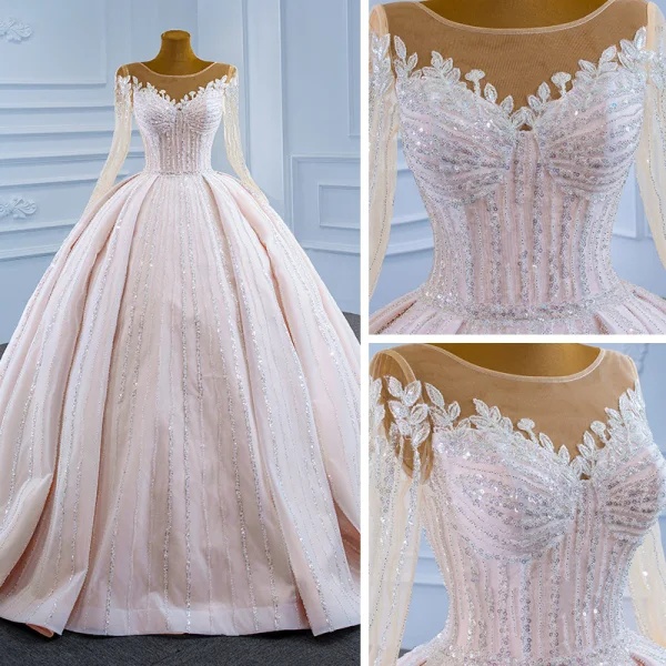 Luxury / Gorgeous Champagne See-through Bridal Wedding Dresses 2021 Ball Gown Scoop Neck Long Sleeve Beading Sequins Court Train Ruffle