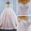 Luxury / Gorgeous Champagne See-through Bridal Wedding Dresses 2021 Ball Gown Scoop Neck Long Sleeve Beading Sequins Court Train Ruffle