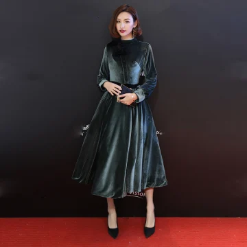 Modest Simple Ink Blue Suede Winter Evening Dresses 2019 A Line Princess Scoop Neck Long Sleeve Tea Length Ruffle Formal Dresses