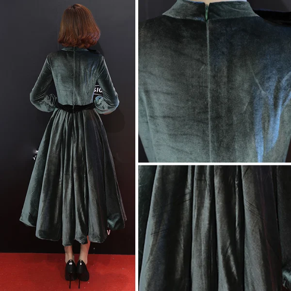 Modest / Simple Ink Blue Suede Winter Evening Dresses  2019 A-Line / Princess Scoop Neck Long Sleeve Tea-length Ruffle Formal Dresses