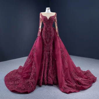 High End Red Carpet Burgundy Evening Dresses 2021 A Line Princess See Through Square Neckline Long Sleeve Handmade Beading Sequins Court Train Ruffle Formal Dresses