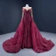 Haut de Gamme Tapis rouge Bordeaux Robe De Soirée 2021 Princesse Transparentes Encolure Carrée Manches Longues Fait main Perlage Paillettes Tribunal Train Volants Robe De Ceremonie