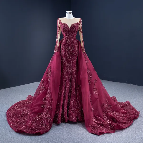 High-end Red Carpet Burgundy Evening Dresses  2021 A-Line / Princess See-through Square Neckline Long Sleeve Handmade  Beading Sequins Court Train Ruffle Formal Dresses