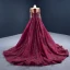 Haut de Gamme Tapis rouge Bordeaux Robe De Soirée 2021 Princesse Transparentes Encolure Carrée Manches Longues Fait main Perlage Paillettes Tribunal Train Volants Robe De Ceremonie