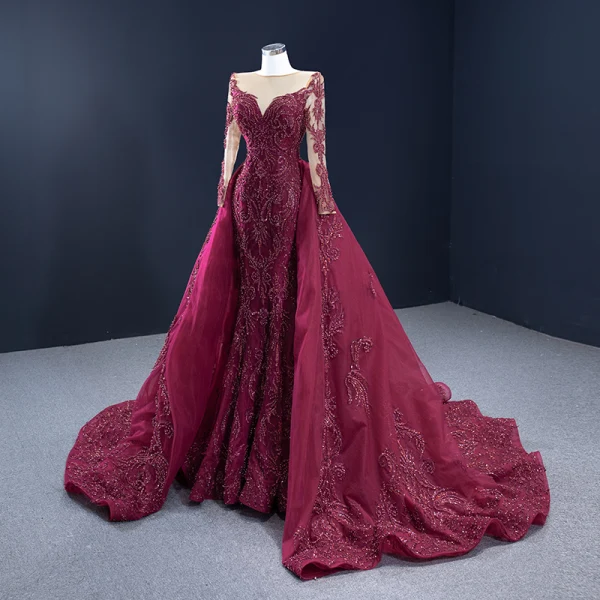 Haut de Gamme Tapis rouge Bordeaux Robe De Soirée 2021 Princesse Transparentes Encolure Carrée Manches Longues Fait main Perlage Paillettes Tribunal Train Volants Robe De Ceremonie