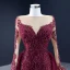 Haut de Gamme Tapis rouge Bordeaux Robe De Soirée 2021 Princesse Transparentes Encolure Carrée Manches Longues Fait main Perlage Paillettes Tribunal Train Volants Robe De Ceremonie