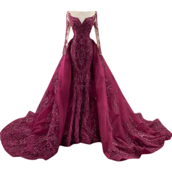 Haut de Gamme Tapis rouge Bordeaux Robe De Soirée 2021 Princesse Transparentes Encolure Carrée Manches Longues Fait main Perlage Paillettes Tribunal Train Volants Robe De Ceremonie