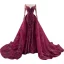 Haut de Gamme Tapis rouge Bordeaux Robe De Soirée 2021 Princesse Transparentes Encolure Carrée Manches Longues Fait main Perlage Paillettes Tribunal Train Volants Robe De Ceremonie