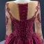 Haut de Gamme Tapis rouge Bordeaux Robe De Soirée 2021 Princesse Transparentes Encolure Carrée Manches Longues Fait main Perlage Paillettes Tribunal Train Volants Robe De Ceremonie