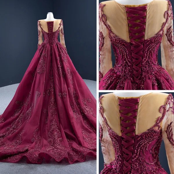 Haut de Gamme Tapis rouge Bordeaux Robe De Soirée 2021 Princesse Transparentes Encolure Carrée Manches Longues Fait main Perlage Paillettes Tribunal Train Volants Robe De Ceremonie